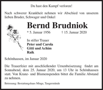 Traueranzeige von Bernd Brudniok  von Magdeburger Volksstimme