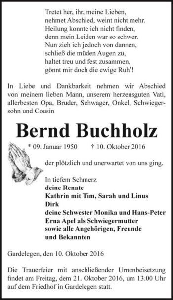 Traueranzeige von Bernd Buchholz  von Magdeburger Volksstimme