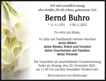 Traueranzeige von Bernd Buhro  von Magdeburger Volksstimme