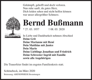 Traueranzeige von Bernd Bußmann  von Magdeburger Volksstimme