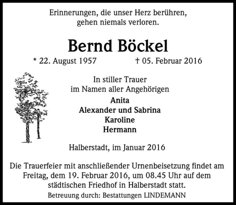 Traueranzeige für Bernd Böckel  vom 10.02.2016 aus Magdeburger Volksstimme