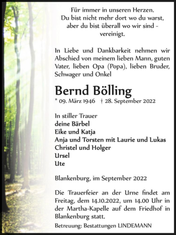 Traueranzeige von Bernd Bölling  von Magdeburger Volksstimme