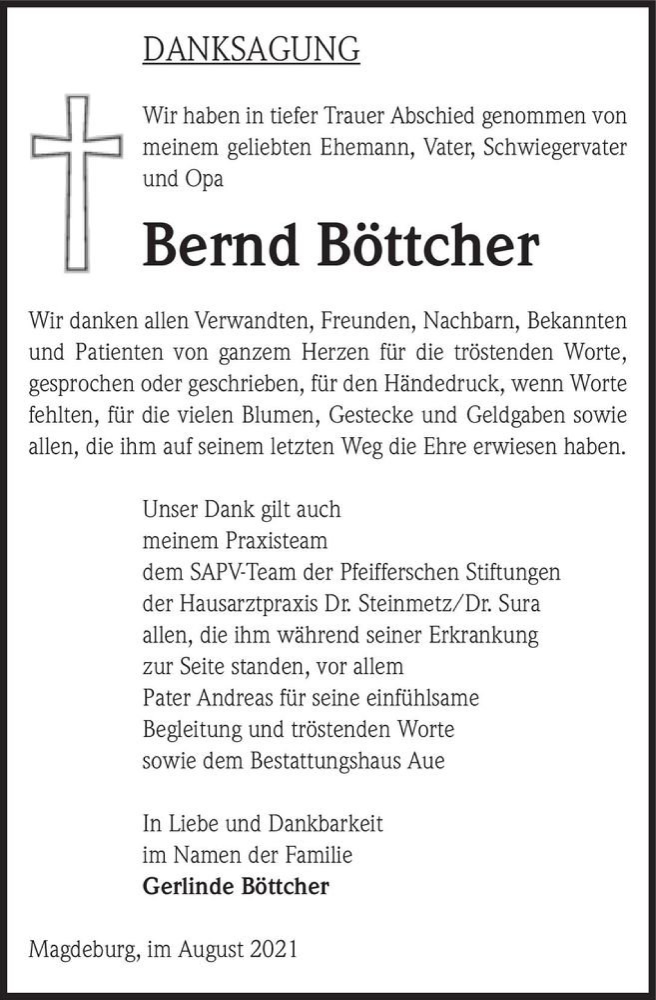  Traueranzeige für Bernd Böttcher  vom 21.08.2021 aus Magdeburger Volksstimme