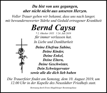 Traueranzeige von Bernd Caysa  von Magdeburger Volksstimme