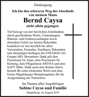 Traueranzeige von Bernd Caysa  von Magdeburger Volksstimme