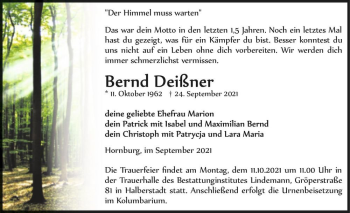 Traueranzeige von Bernd Deißner  von Magdeburger Volksstimme