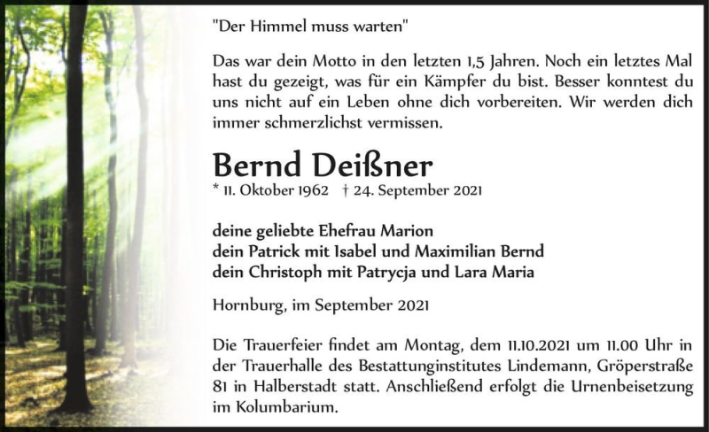  Traueranzeige für Bernd Deißner  vom 02.10.2021 aus Magdeburger Volksstimme