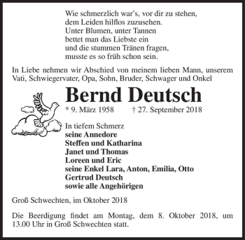 Traueranzeige von Bernd Deutsch  von Magdeburger Volksstimme