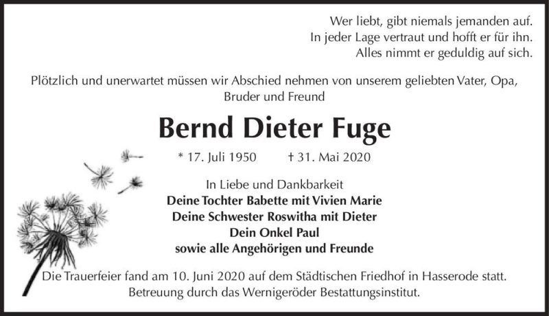  Traueranzeige für Bernd Dieter Fuge  vom 15.06.2020 aus Magdeburger Volksstimme
