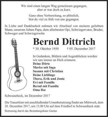 Traueranzeige von Bernd Dittrich  von Magdeburger Volksstimme