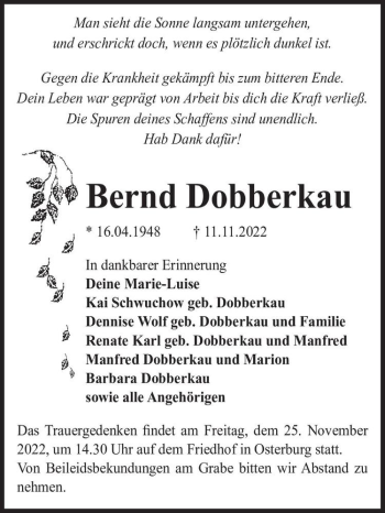 Traueranzeige von Bernd Dobberkau  von Magdeburger Volksstimme