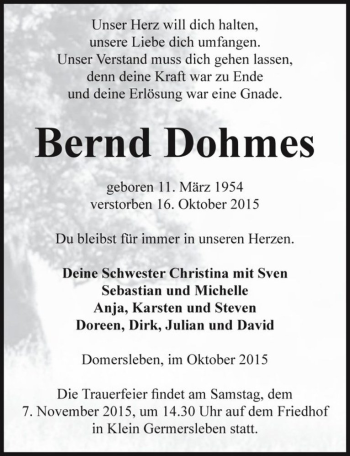 Traueranzeige von Bernd Dohmes  von Magdeburger Volksstimme