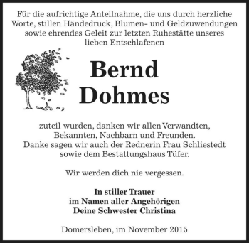 Traueranzeige von Bernd Dohmes  von Magdeburger Volksstimme