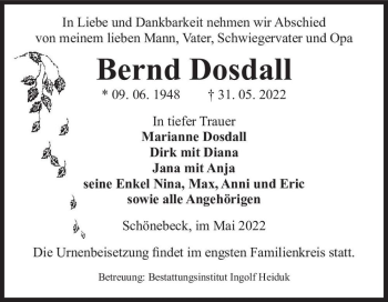 Traueranzeige von Bernd Dosdall  von Magdeburger Volksstimme