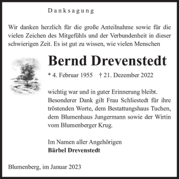 Traueranzeige von Bernd Drevenstedt  von Magdeburger Volksstimme