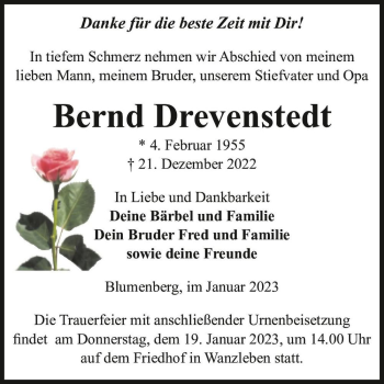 Traueranzeige von Bernd Drevenstedt  von Magdeburger Volksstimme