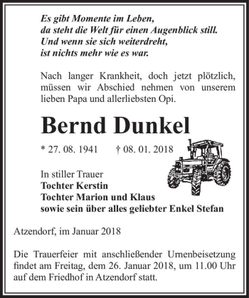 Traueranzeige von Bernd Dunkel  von Magdeburger Volksstimme