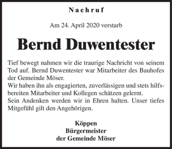 Traueranzeige von Bernd Duwentester  von Magdeburger Volksstimme