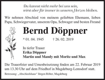 Traueranzeige von Bernd Döppner  von Magdeburger Volksstimme