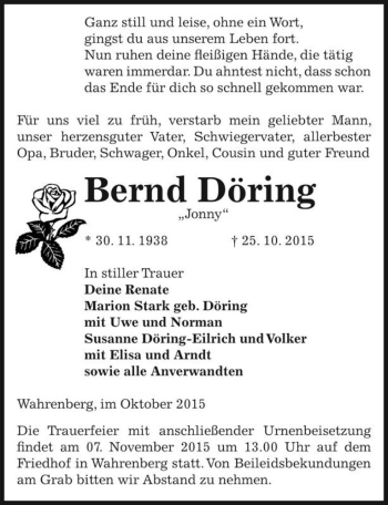 Traueranzeige von Bernd Döring 