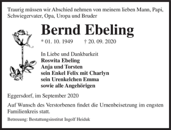 Traueranzeige von Bernd Ebeling  von Magdeburger Volksstimme