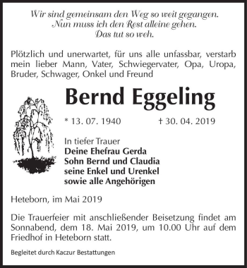Traueranzeige von Bernd Eggeling  von Magdeburger Volksstimme