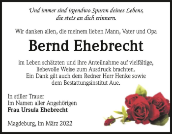 Traueranzeige von Bernd Ehebrecht  von Magdeburger Volksstimme