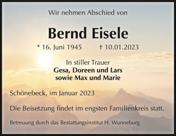Traueranzeige von Bernd Eisele  von Magdeburger Volksstimme