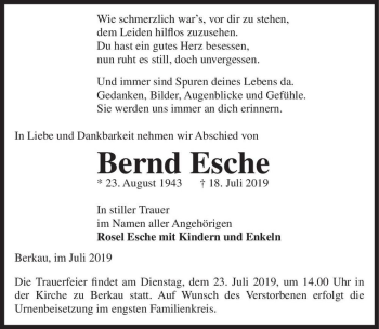 Traueranzeige von Bernd Esche  von Magdeburger Volksstimme