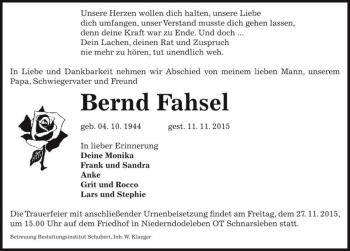 Traueranzeige von Bernd Fahsel  von Magdeburger Volksstimme