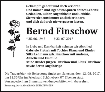 Traueranzeige von Bernd Finschow  von Magdeburger Volksstimme