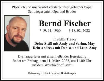 Traueranzeige von Bernd Fischer  von Magdeburger Volksstimme