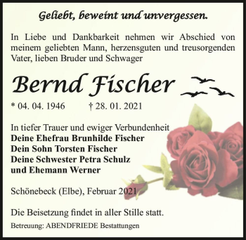 Traueranzeige von Bernd Fischer  von Magdeburger Volksstimme