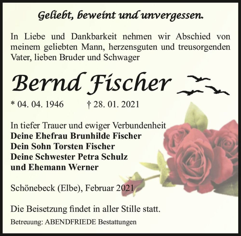  Traueranzeige für Bernd Fischer  vom 06.02.2021 aus Magdeburger Volksstimme