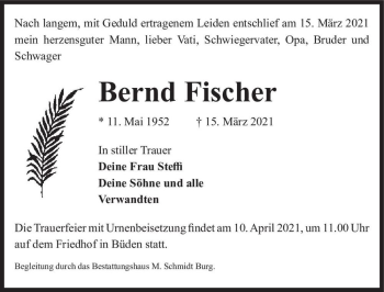 Traueranzeige von Bernd Fischer  von Magdeburger Volksstimme