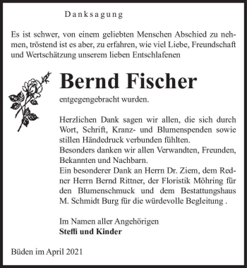 Traueranzeige von Bernd Fischer  von Magdeburger Volksstimme