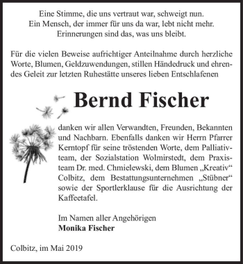 Traueranzeige von Bernd Fischer  von Magdeburger Volksstimme