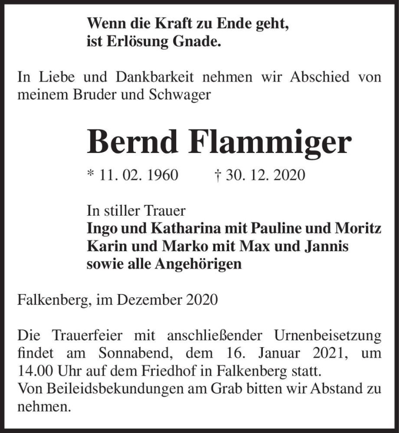  Traueranzeige für Bernd Flammiger  vom 09.01.2021 aus Magdeburger Volksstimme
