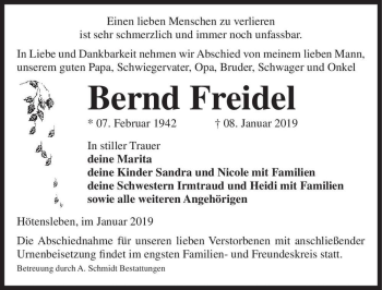 Traueranzeige von Bernd Freidel  von Magdeburger Volksstimme