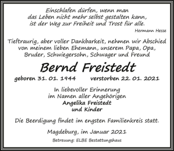 Traueranzeige von Bernd Freistedt  von Magdeburger Volksstimme