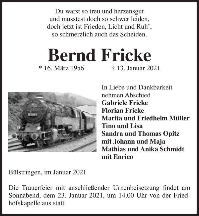  Traueranzeige für Bernd Fricke  vom 15.01.2021 aus Magdeburger Volksstimme