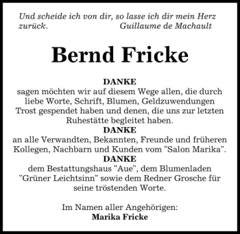 Traueranzeige von Bernd Fricke  von Magdeburger Volksstimme