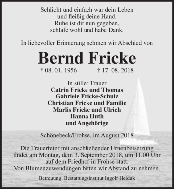 Traueranzeige von Bernd Fricke  von Magdeburger Volksstimme