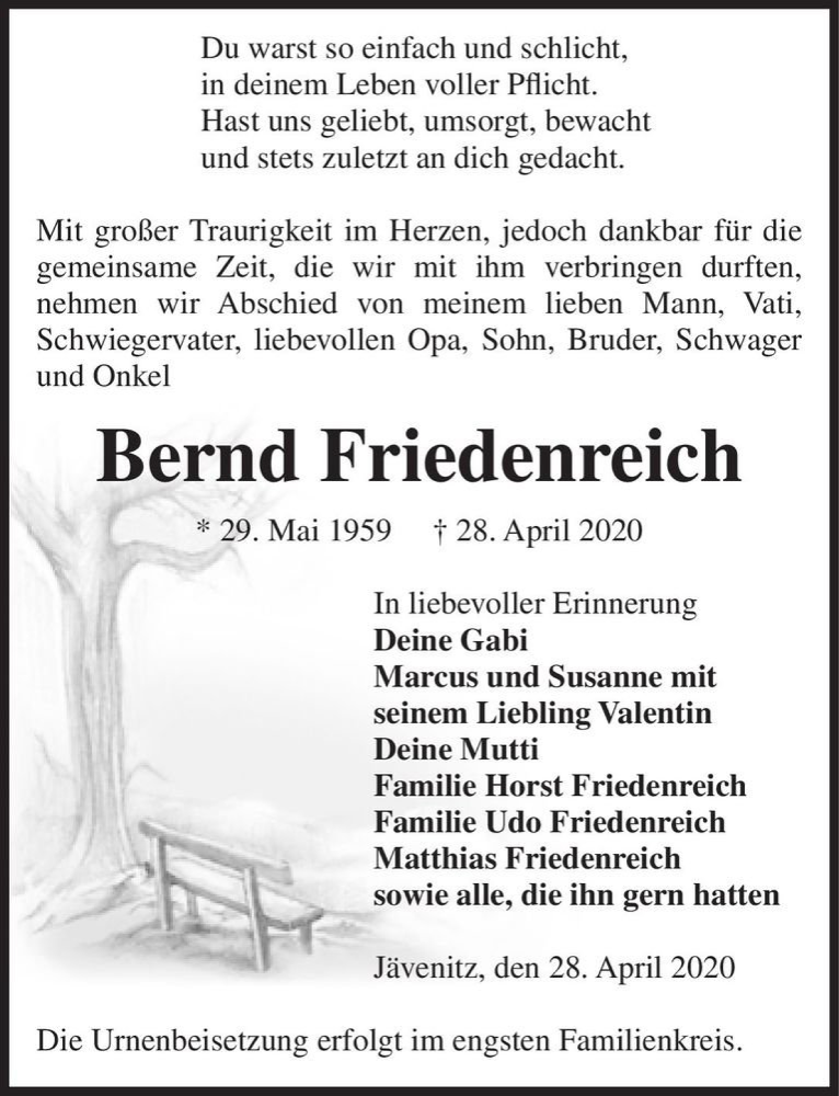  Traueranzeige für Bernd Friedenreich  vom 30.04.2020 aus Magdeburger Volksstimme