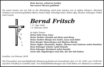 Traueranzeige von Bernd Fritsch  von Magdeburger Volksstimme