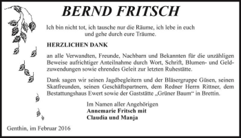 Traueranzeige von Bernd Fritsch  von Magdeburger Volksstimme