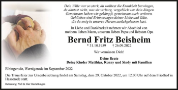 Traueranzeige von Bernd Fritz Beisheim  von Magdeburger Volksstimme