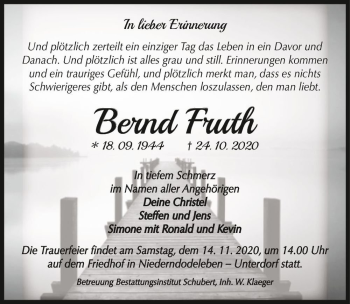 Traueranzeige von Bernd Fruth  von Magdeburger Volksstimme