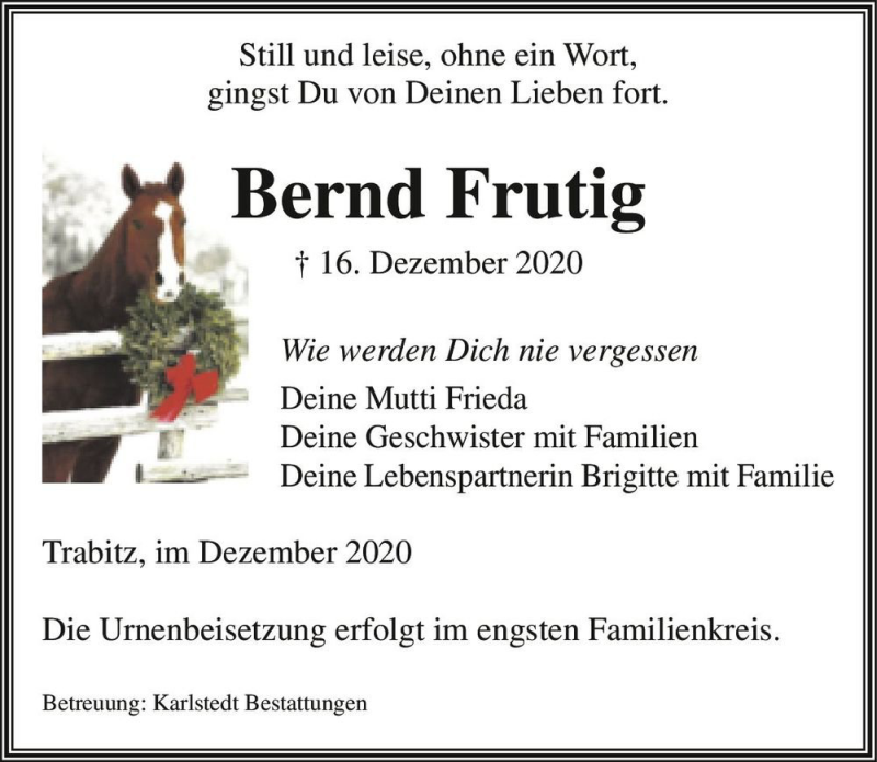  Traueranzeige für Bernd Frutig  vom 19.12.2020 aus Magdeburger Volksstimme