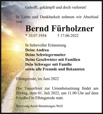 Traueranzeige von Bernd Fürholzner  von Magdeburger Volksstimme